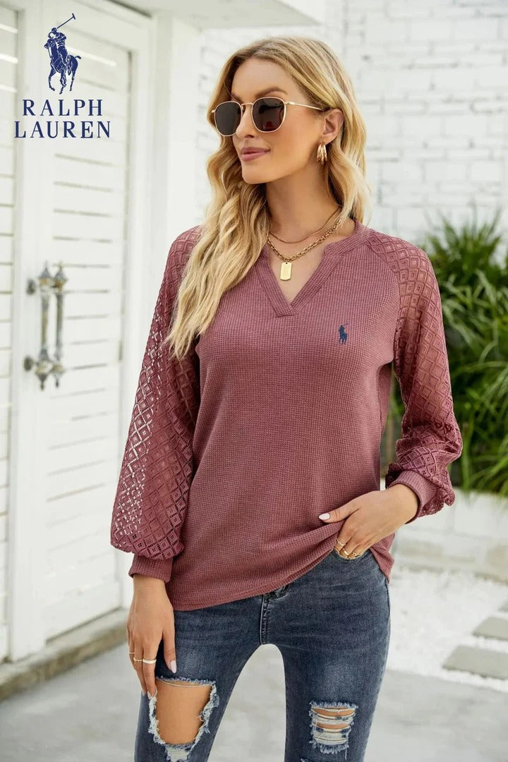 RL® Waffle-Knit Blouse with Sheer Sleeves