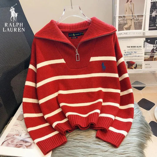 Maglione RL® a Righe con Mezza Cerniera