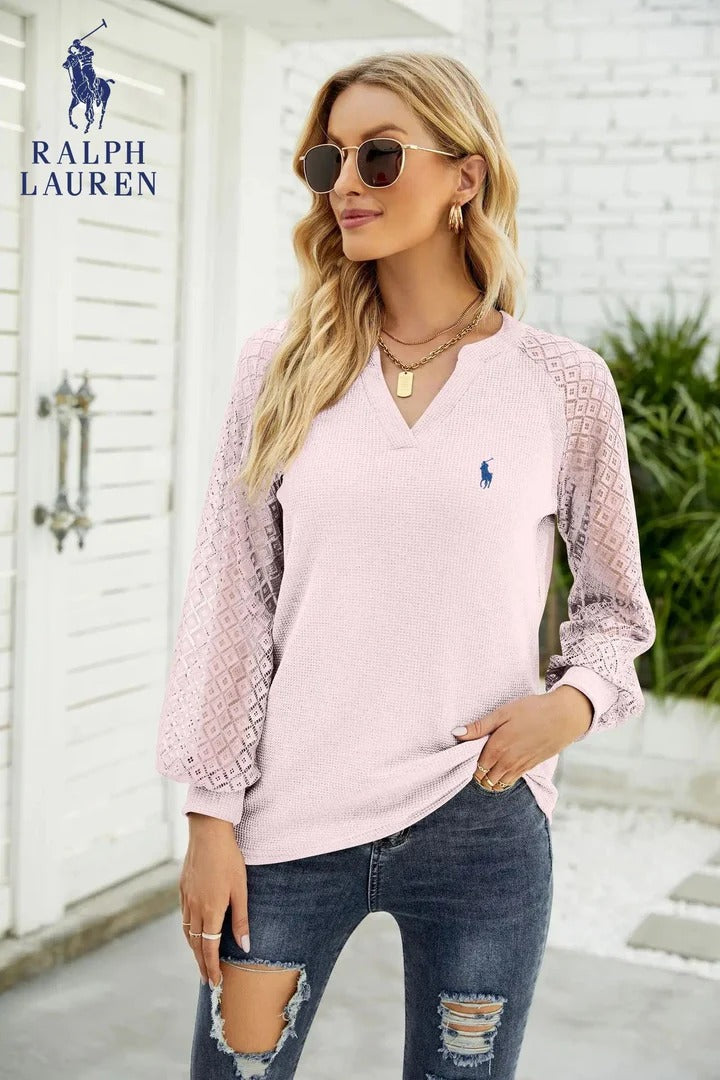 RL® Blusa de Punto Waffle con Mangas Transparentes