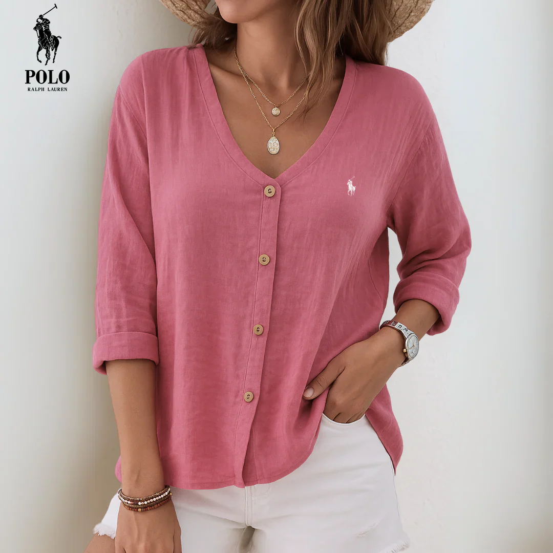 RL® Camisa de Mezcla de Lino con Cuello en V