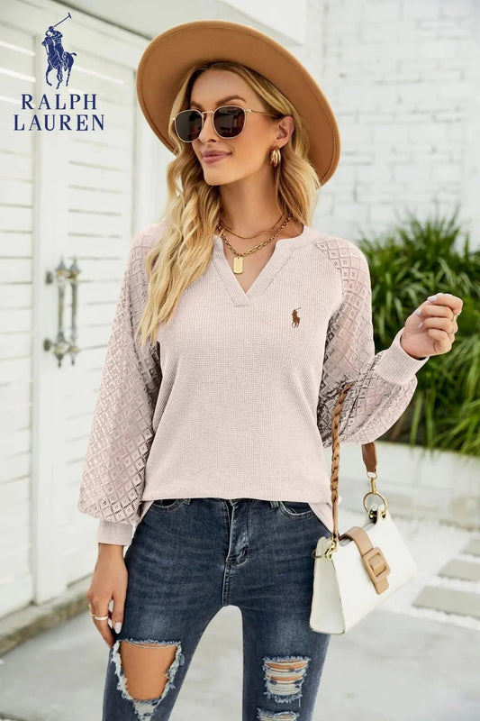 RL® Waffle-Knit Blouse with Sheer Sleeves