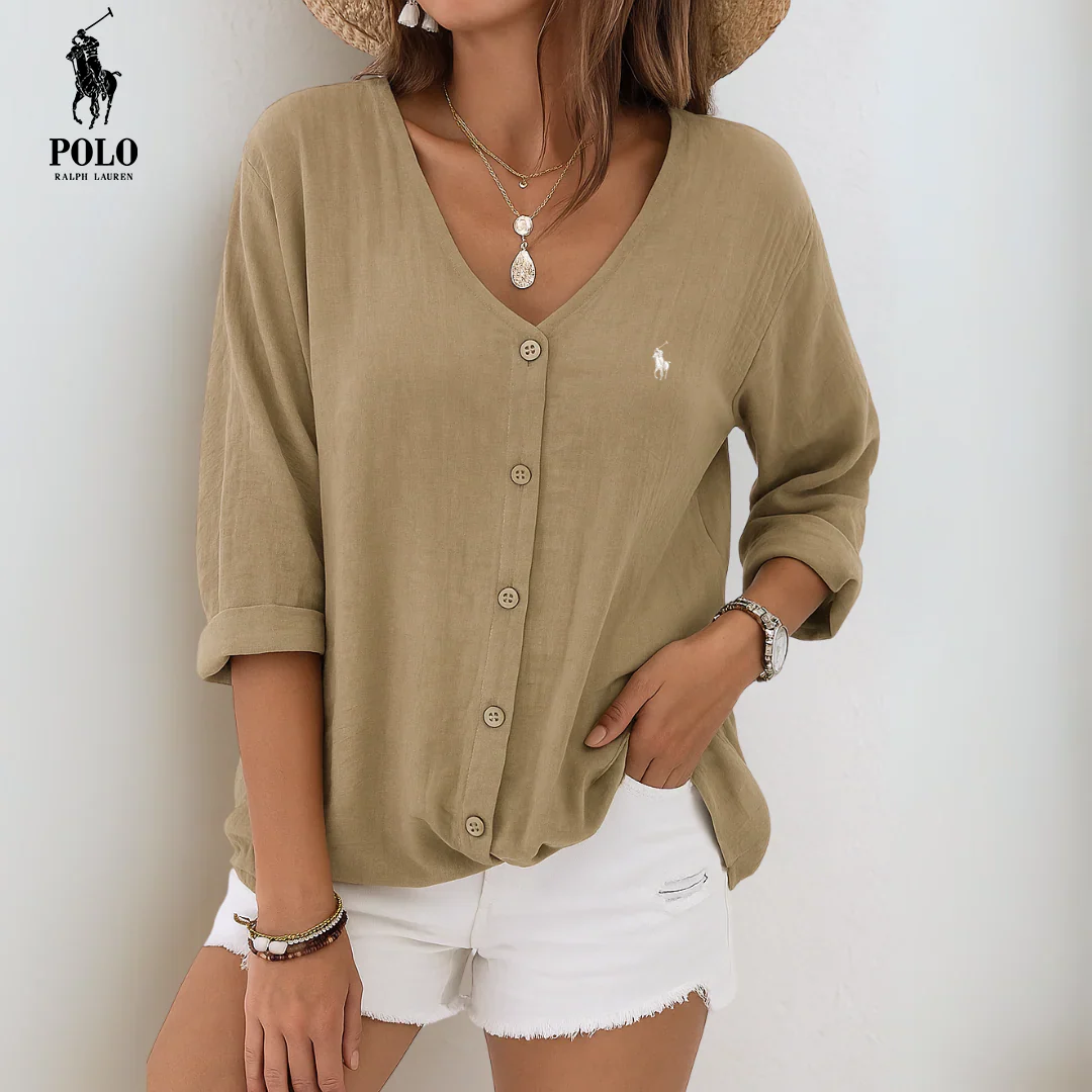 RL® Camisa de Mezcla de Lino con Cuello en V